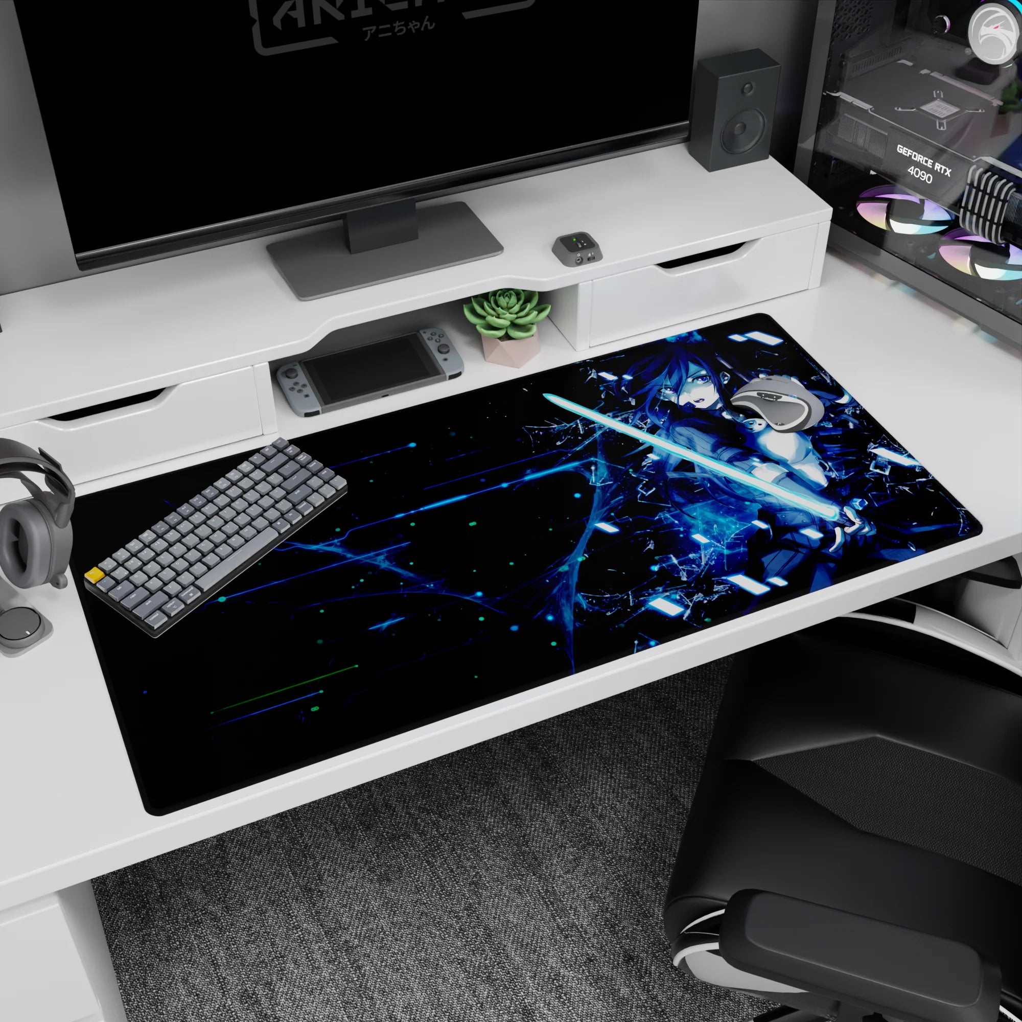 Anime desk pad 40x20 inches featuring Kirito from Sword Art Online with cyberpunk vibes, neon shards, and glitchy energy.