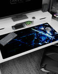 Anime desk pad 40x20 inches featuring Kirito from Sword Art Online with cyberpunk vibes, neon shards, and glitchy energy.