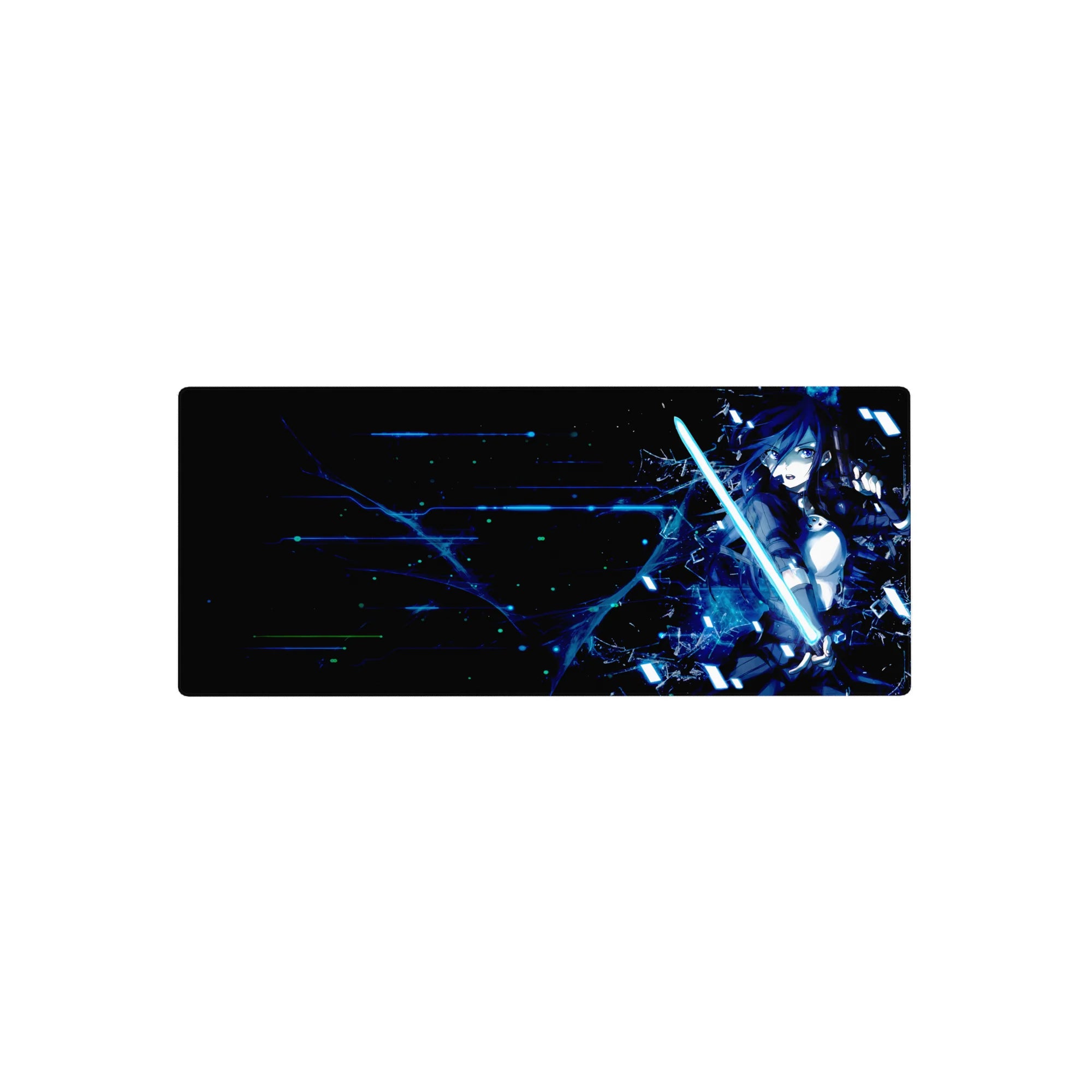 Mouse pad featuring Kirito from Sword Art Online, cyberpunk theme, 28x12 inches, perfect for gamers and anime fans.