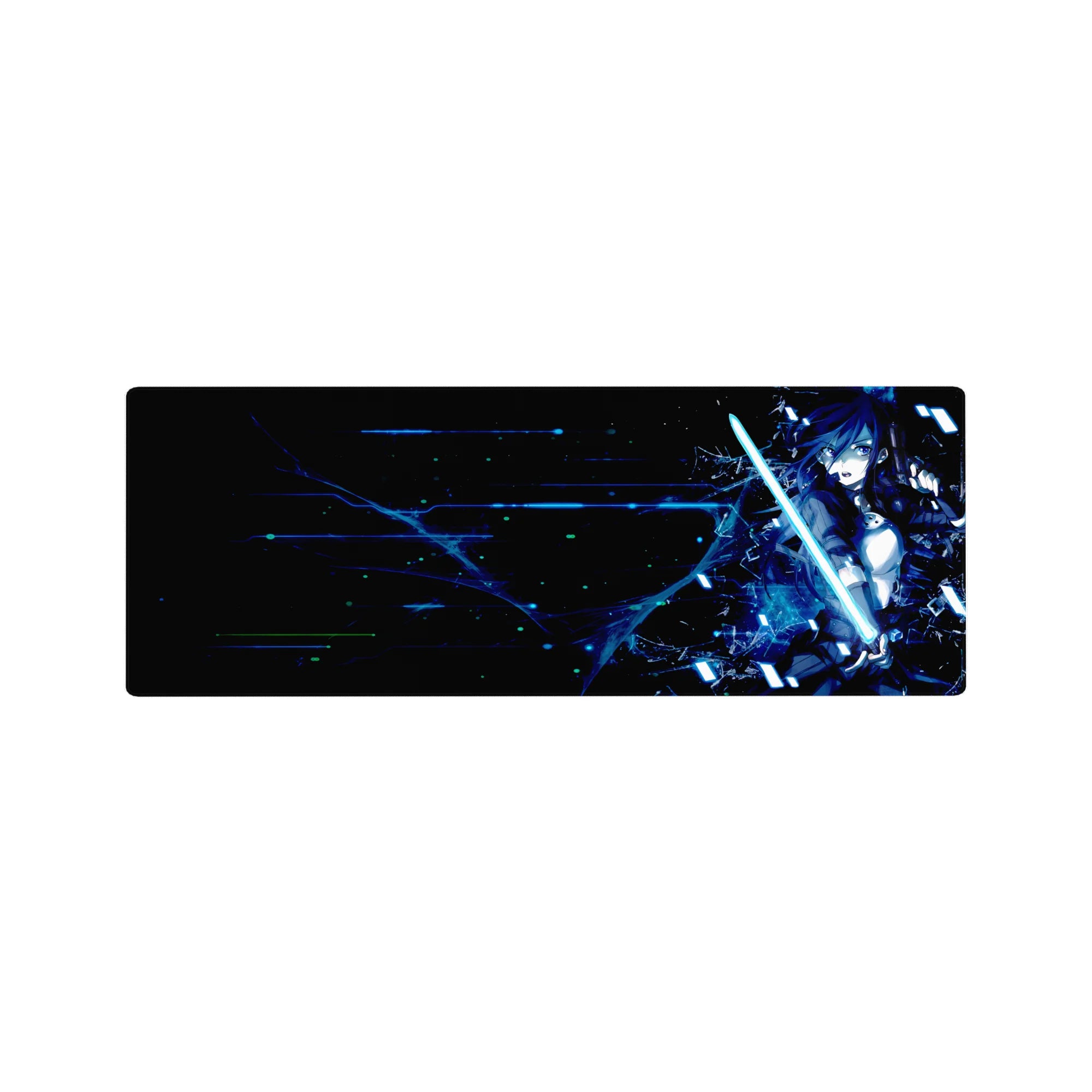 Anime mouse pad 32x12 inches featuring Kirito from Sword Art Online in a cyberpunk theme with neon and glitch effects.