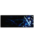 Anime mouse pad 32x12 inches featuring Kirito from Sword Art Online in a cyberpunk theme with neon and glitch effects.