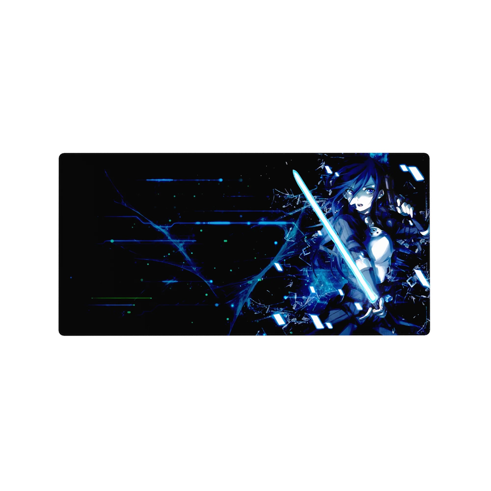 Anime mouse pad 32x16 inches featuring Kirito from Sword Art Online, cyberpunk design with neon glow and glitchy energy.
