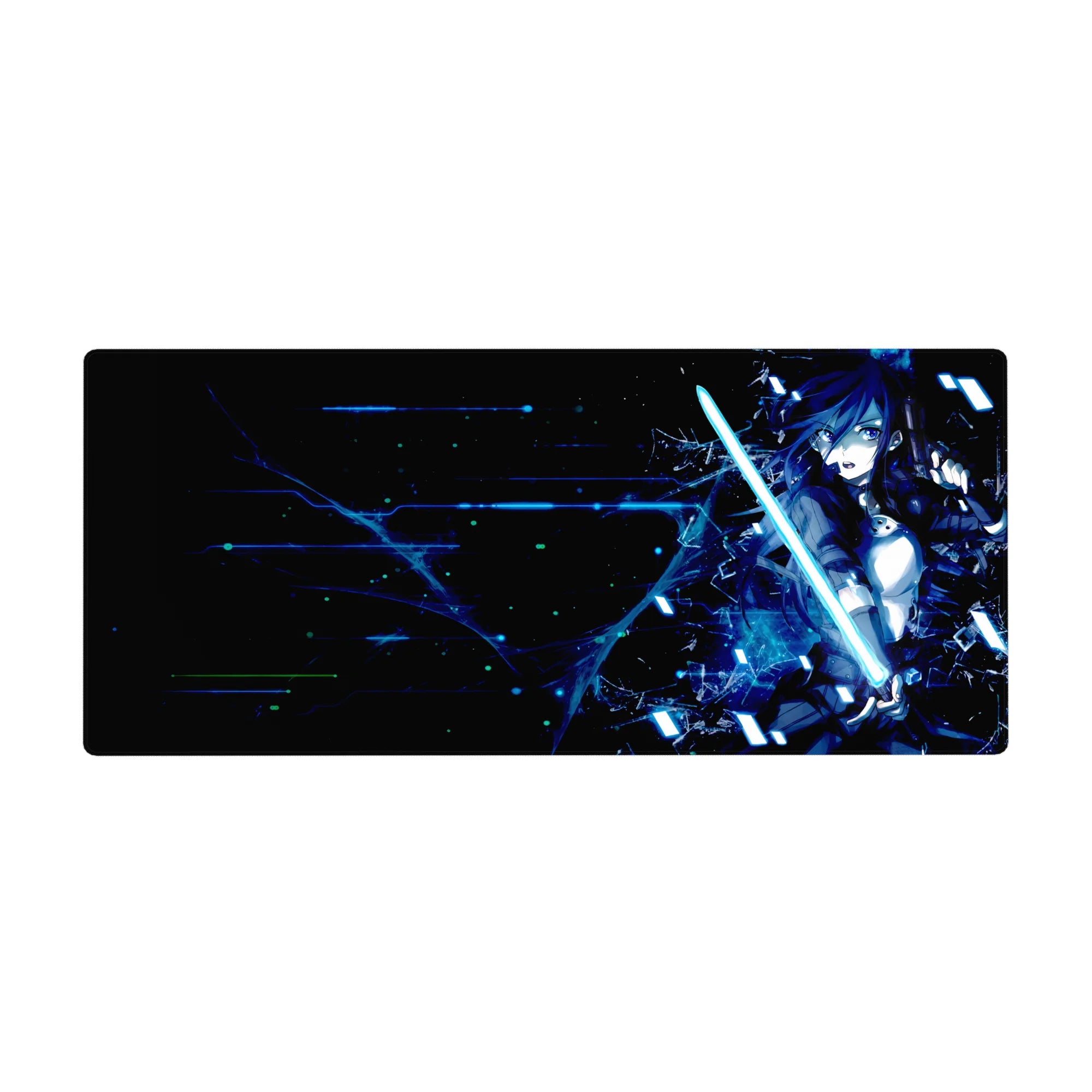 Anime desk pad 36x16 inches featuring Kirito from SAO, showcasing cyberpunk style with neon and glitchy energy.