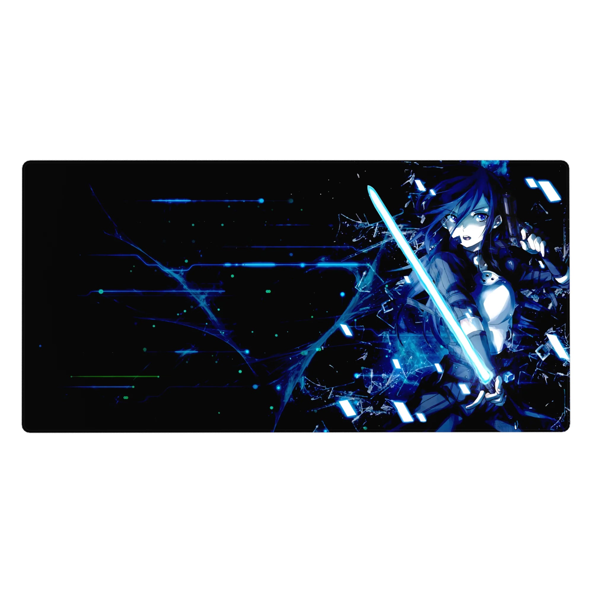 Anime desk pad 40x20 inches featuring Kirito from Sword Art Online, cyberpunk vibes, neon shards, and glitchy energy.
