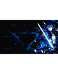 Anime desk pad 40x20 inches featuring Kirito from Sword Art Online, cyberpunk vibes, neon shards, and glitchy energy.