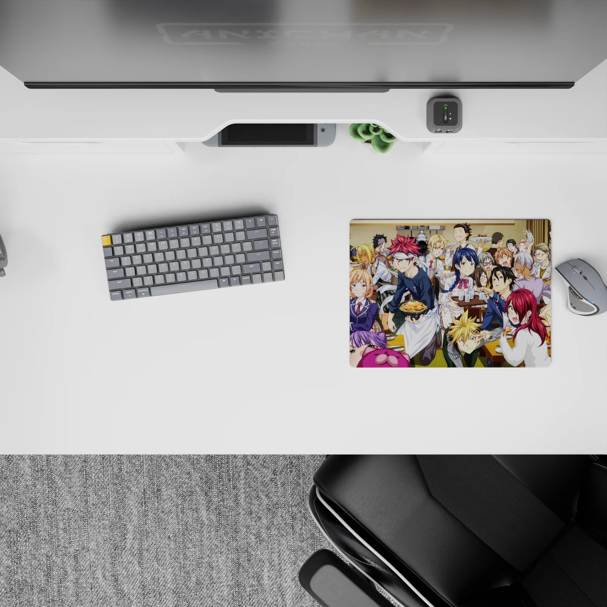 Colorful anime mouse pad 14x10 inches with warm wood tables, bright red and blue hair, cozy lively vibe.