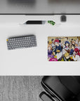 Colorful anime mouse pad 14x10 inches with warm wood tables, bright red and blue hair, cozy lively vibe.