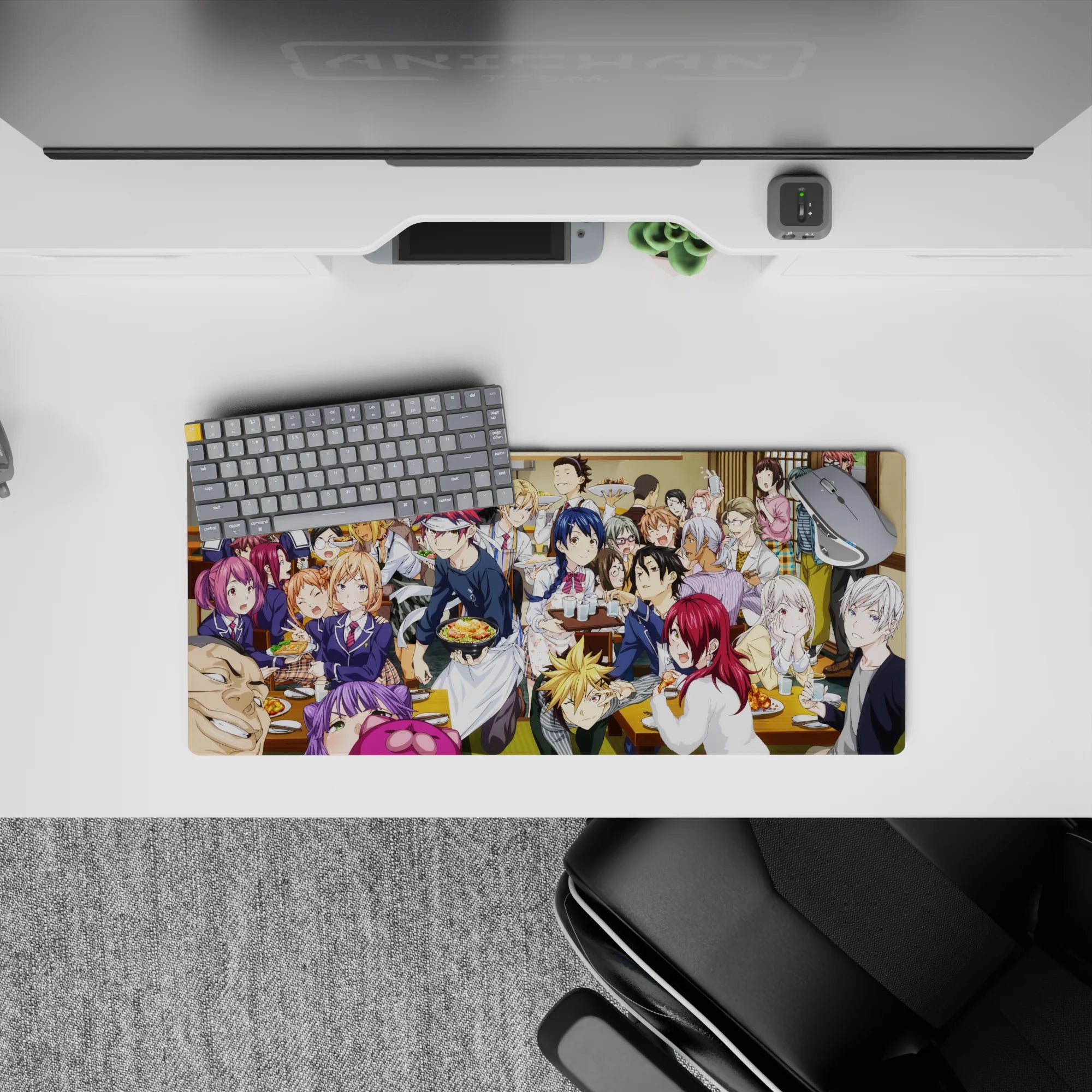 28x12 inches anime mouse pad in warm cozy tones with bright red and blue hair, lively laughter and clinking glasses.