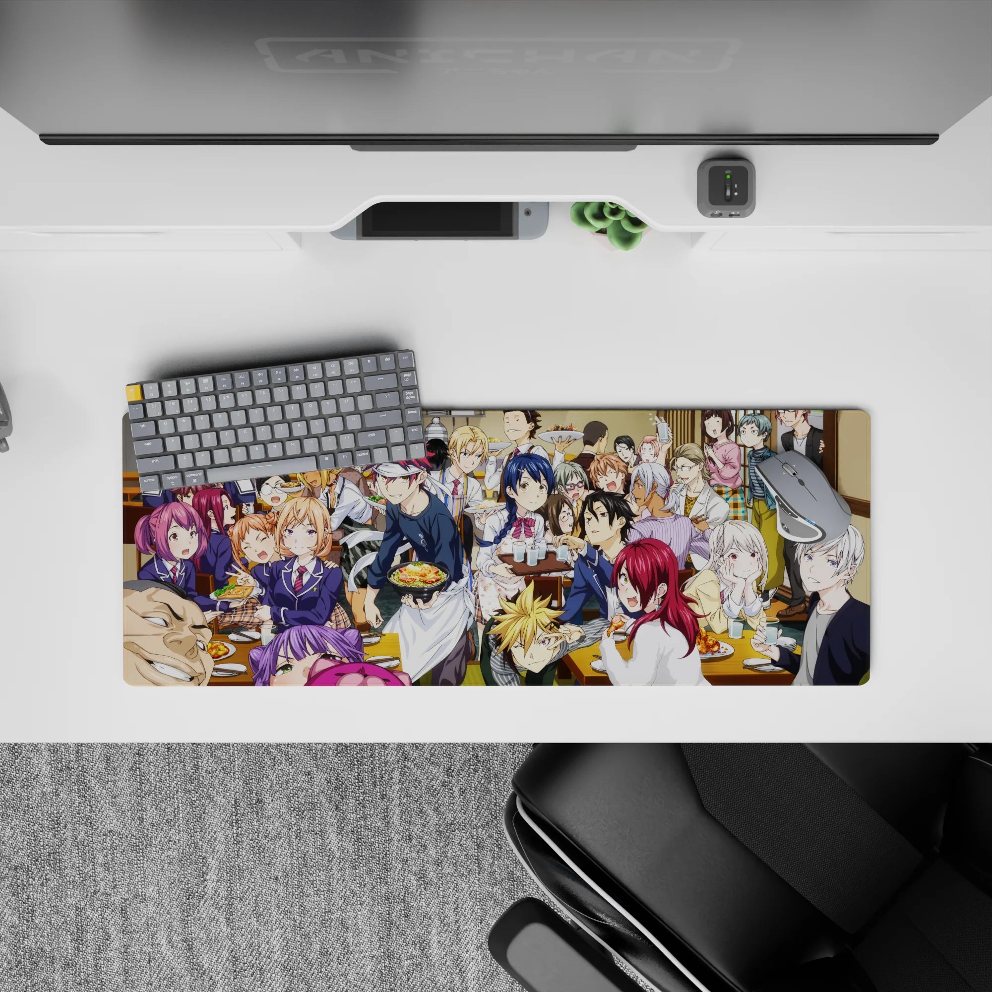 32x12 inches anime mouse pad with bold red and blue hair accents, warm wood tones, and cozy cafeteria vibe.