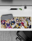 32x12 inches anime mouse pad with bold red and blue hair accents, warm wood tones, and cozy cafeteria vibe.