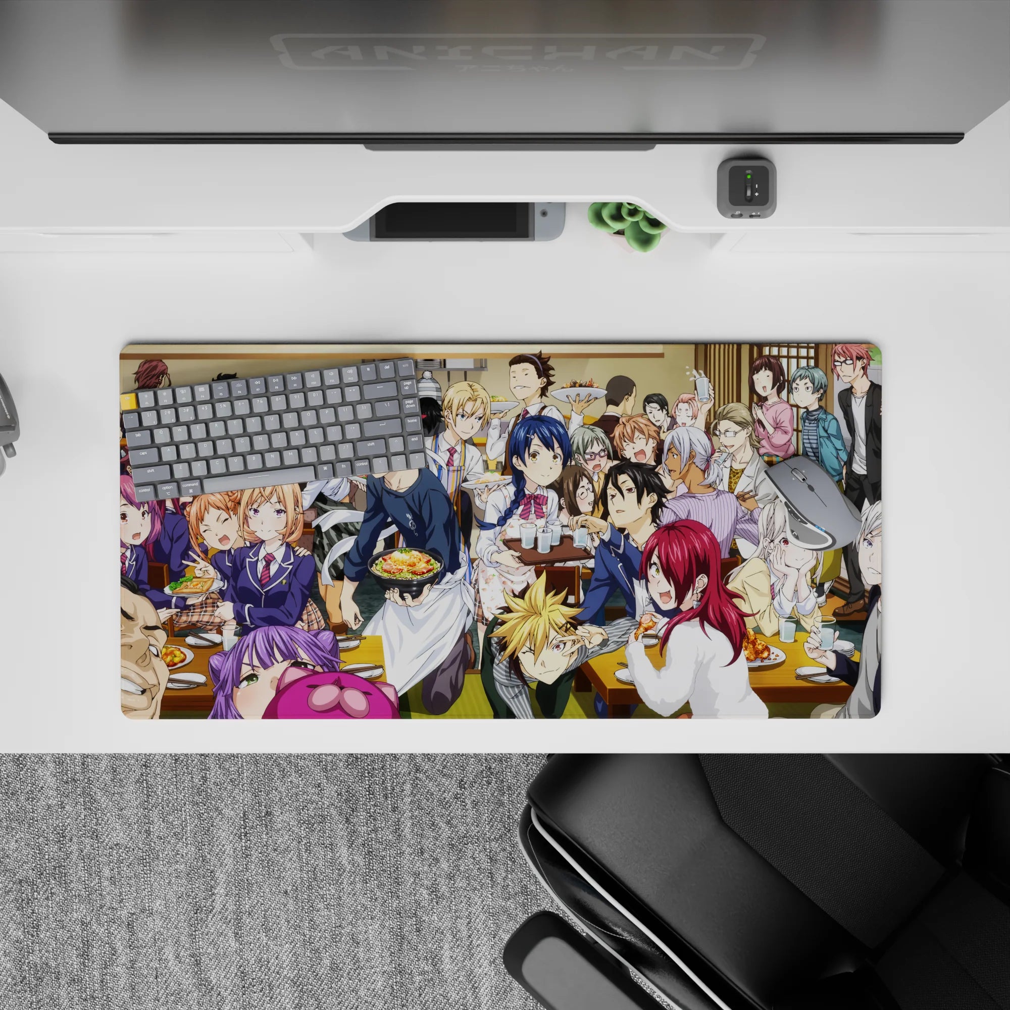 32x16 inches anime mouse pad in warm cozy tones with bold red and blue hair, laughter and clinking glasses.