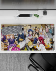 32x16 inches anime mouse pad in warm cozy tones with bold red and blue hair, laughter and clinking glasses.