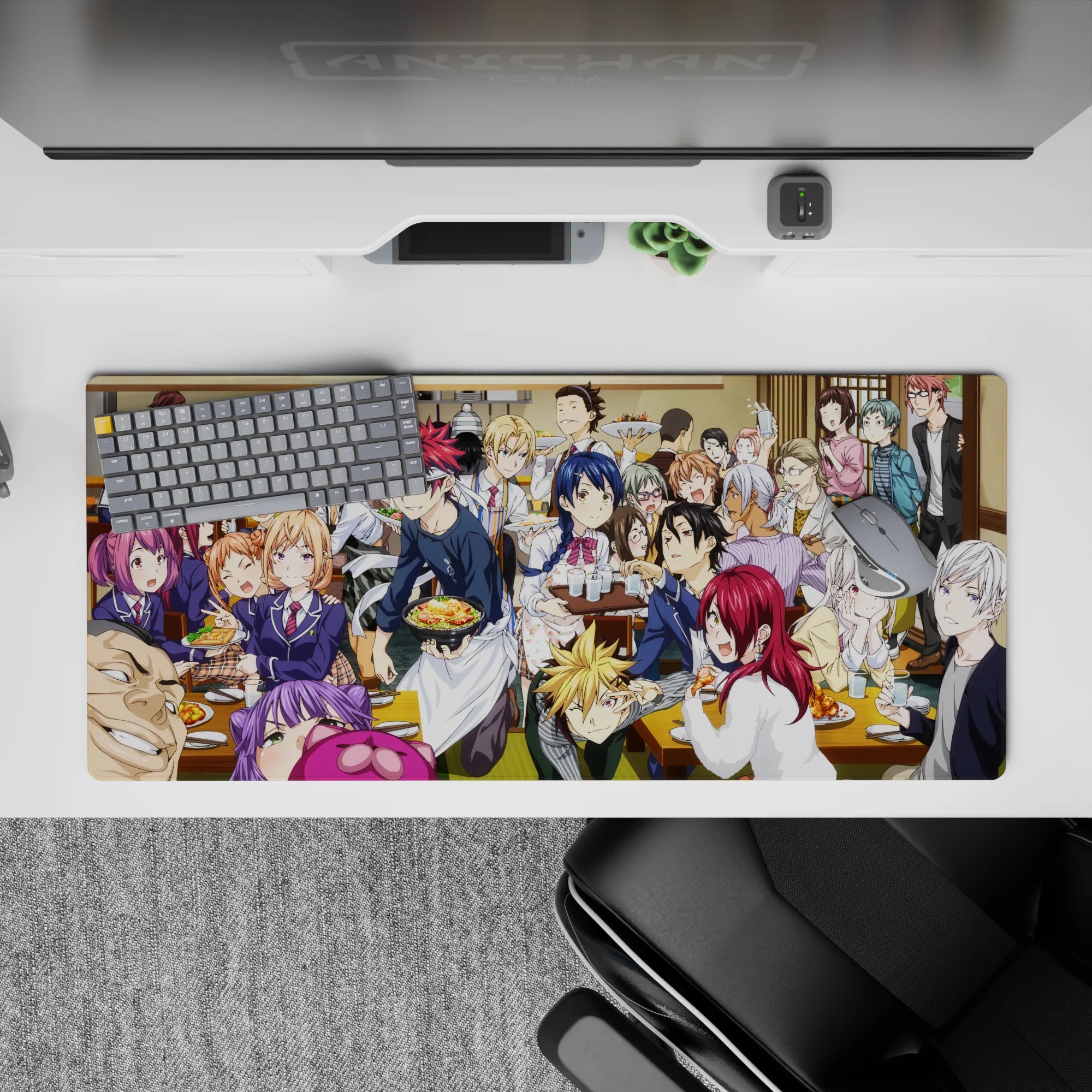 36x16 inches anime desk pad in warm cozy tones with bold pops of red and blue hair, lively laughter vibe.