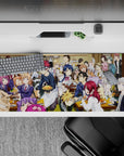 36x16 inches anime desk pad in warm cozy tones with bold pops of red and blue hair, lively laughter vibe.