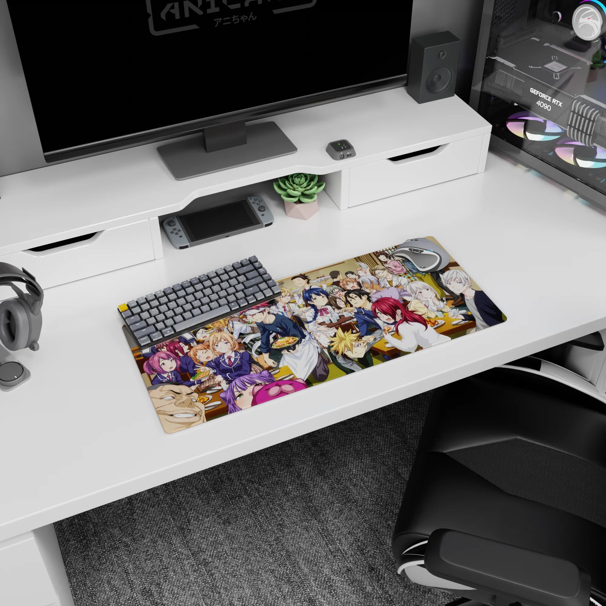 28x12 inches anime mouse pad showing chefs in crisp uniforms serving steaming plates at a crowded wooden table.