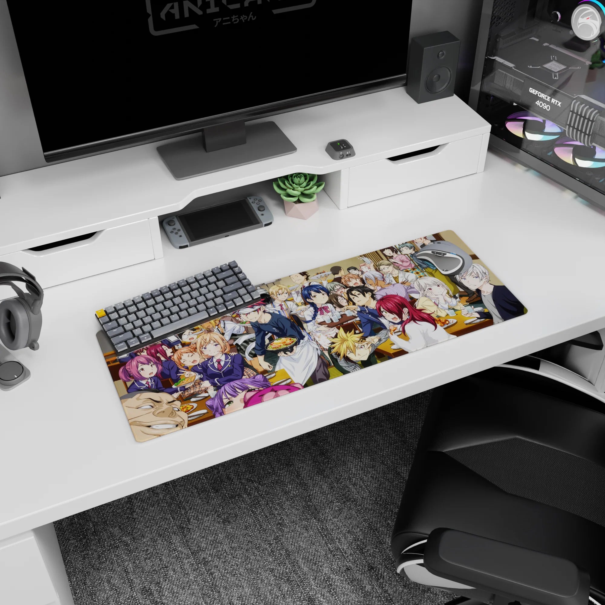 32x12 inches anime mouse pad showing chefs in crisp uniforms crowding steaming plates amid laughter and surprise.