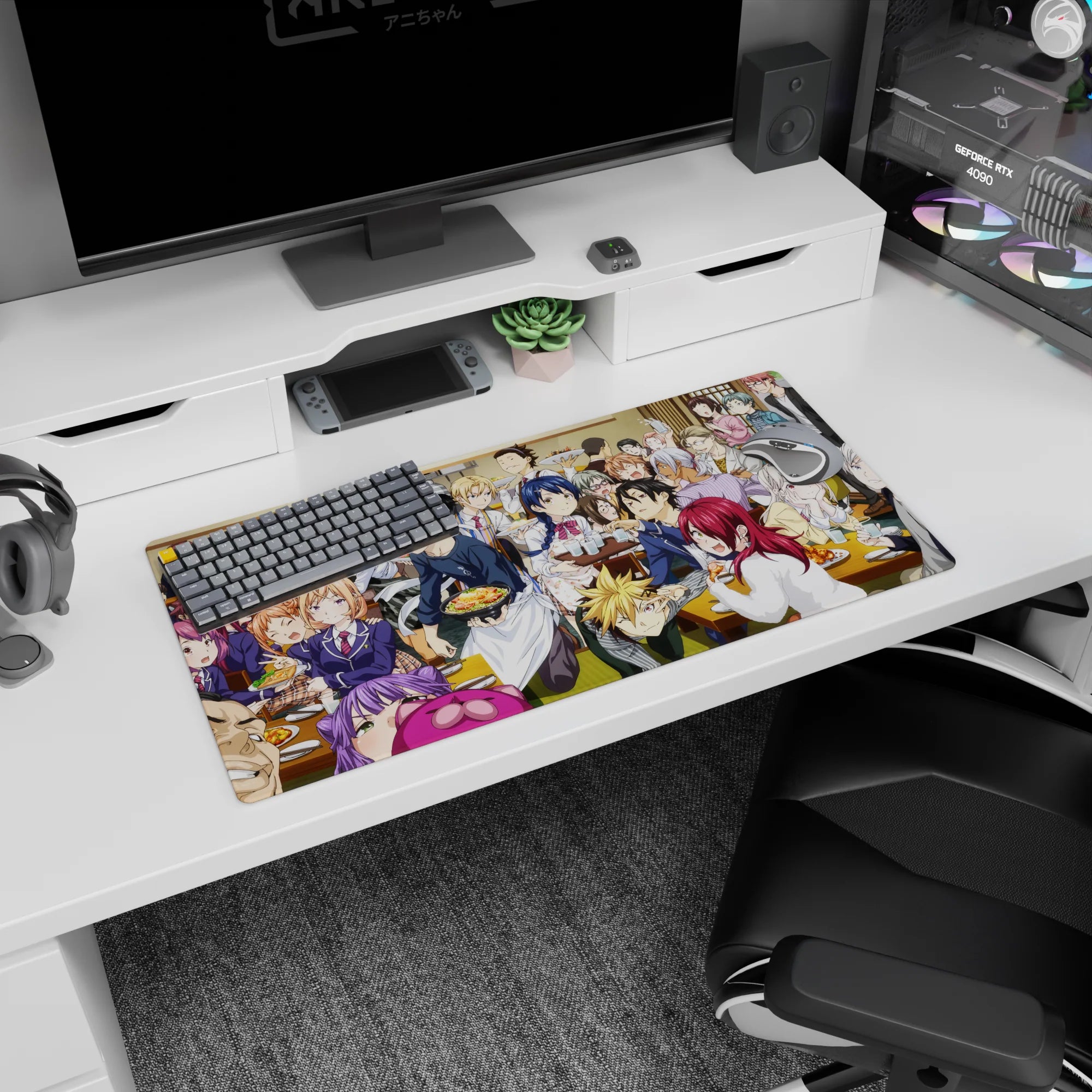 32x16 inches anime mouse pad showing uniformed classmates and apron-clad chefs crowding steaming plates.