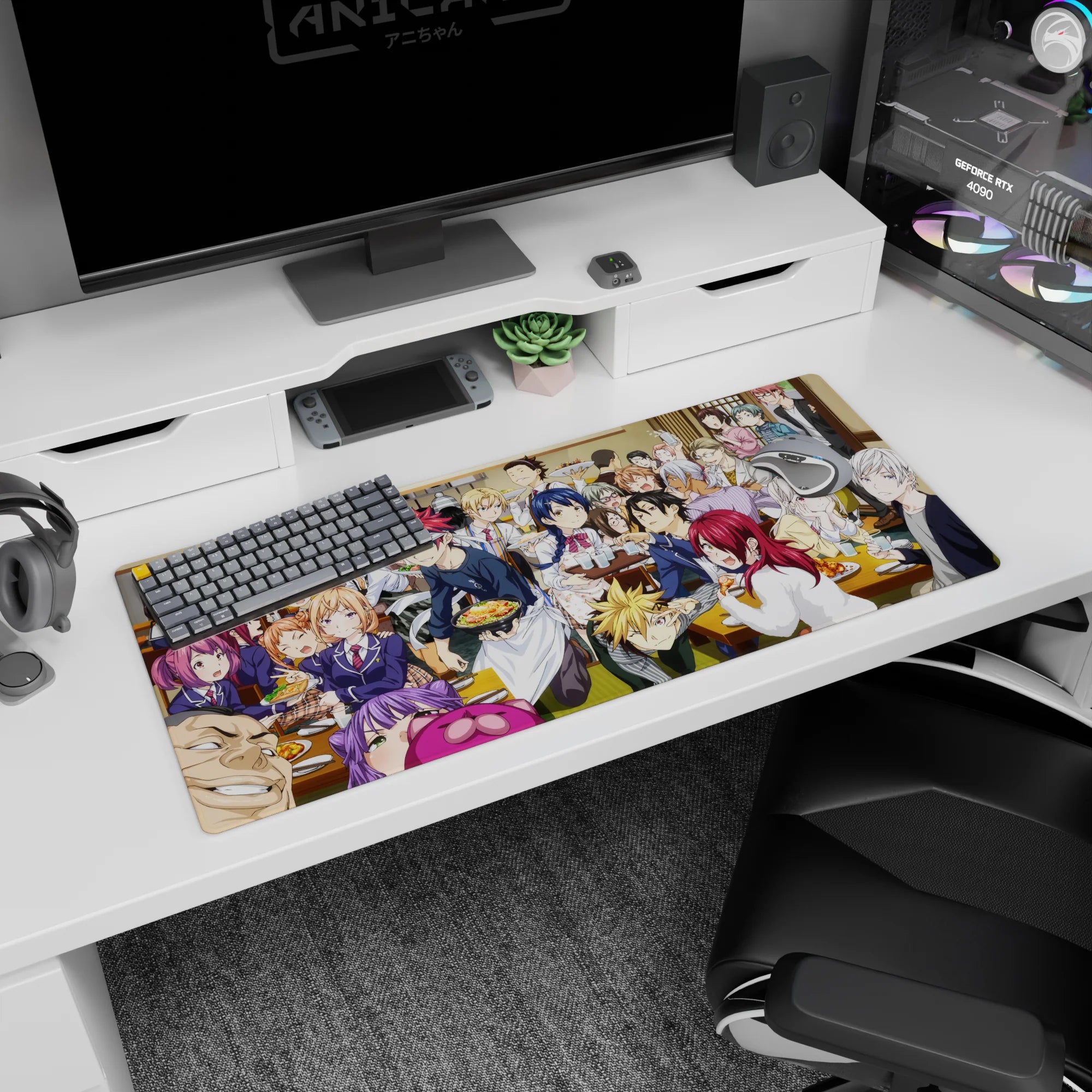 36x16 inches anime desk pad showing chefs and classmates leaning over steaming plates, grins and surprises.