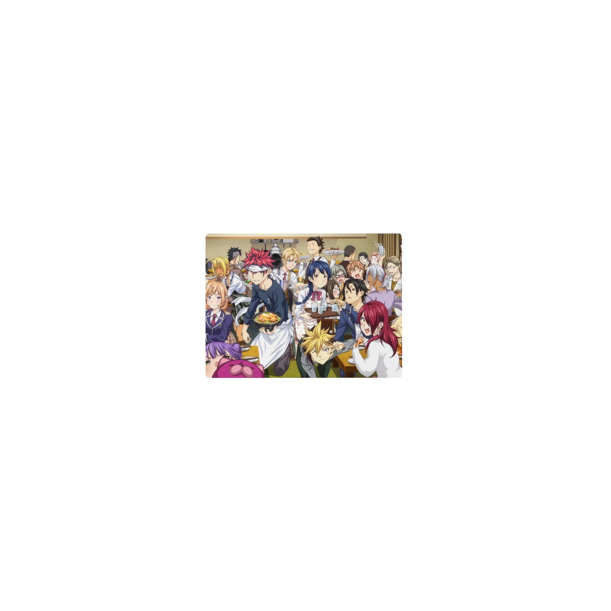 Classic anime mouse pad 14x10 inches with bustling dining hall feast, chefs, classmates, ramen and curry.