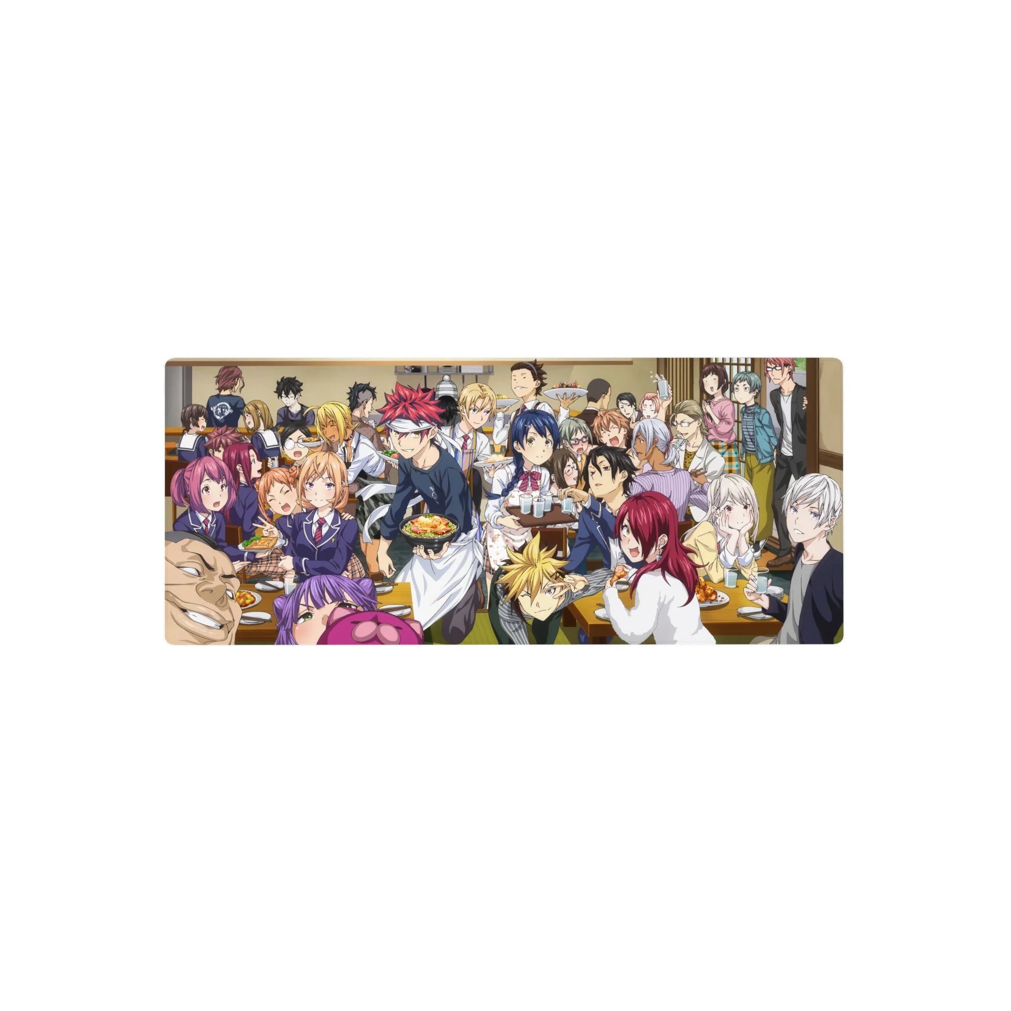28x12 inches anime mouse pad with bustling dining hall feast scene, chefs and classmates around ramen and curry.