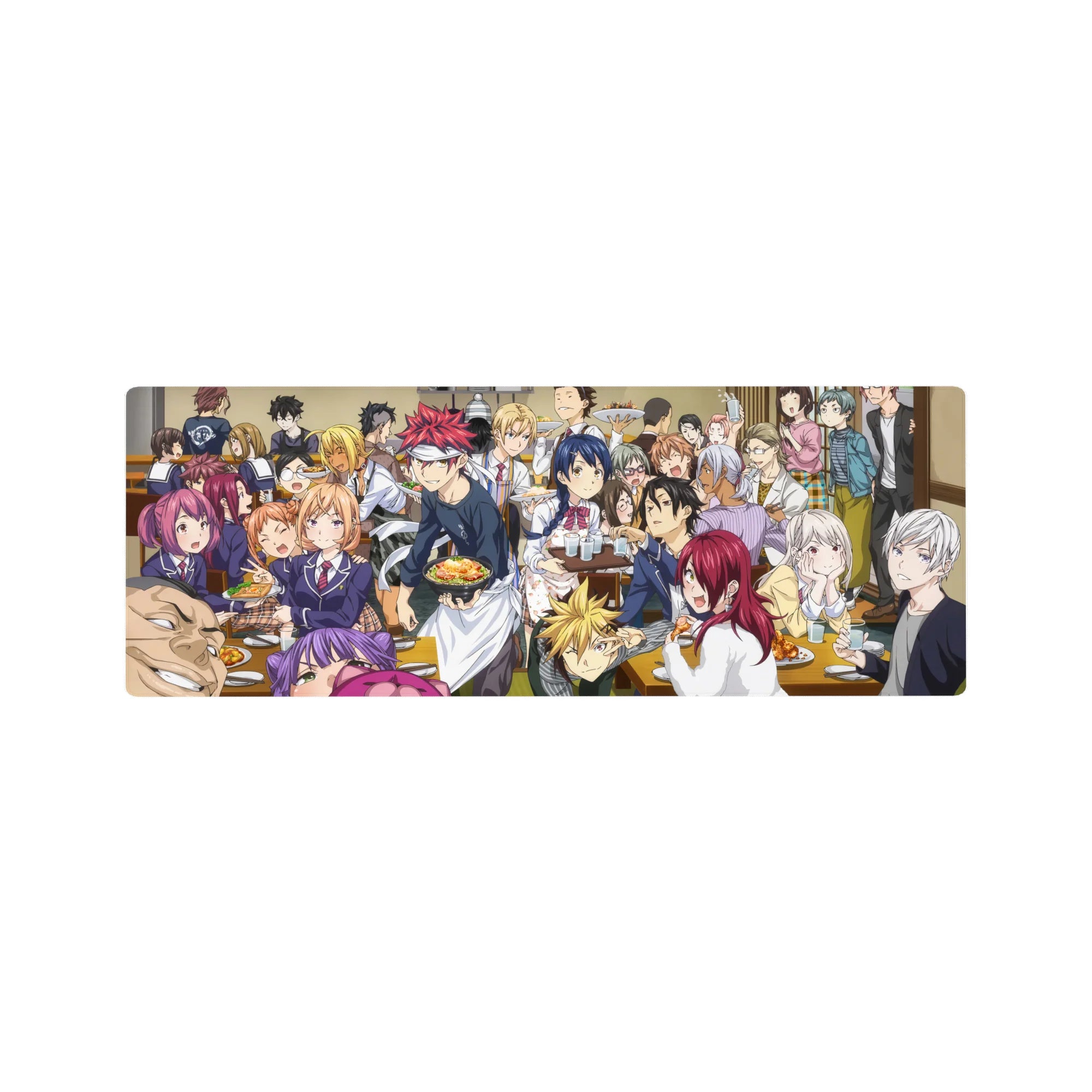 32x12 inches anime mouse pad featuring a lively dining hall feast with chefs, classmates, ramen and curry.
