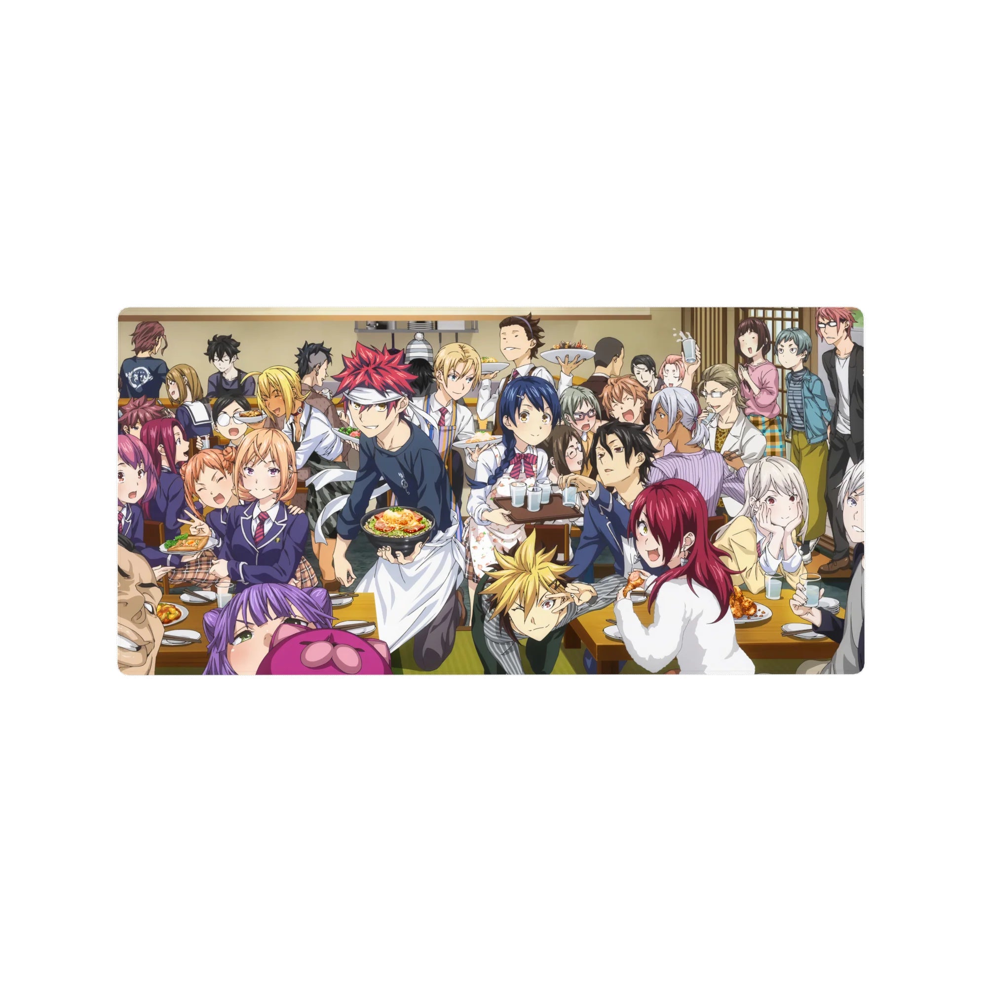 32x16 inches anime mouse pad with bustling dining hall feast, chefs and students around ramen and curry.