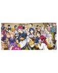 32x16 inches anime mouse pad with bustling dining hall feast, chefs and students around ramen and curry.