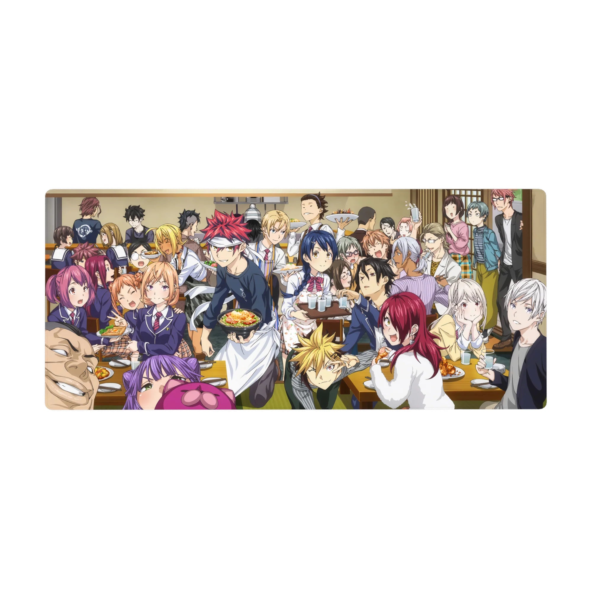 36x16 inches anime desk pad with crowded dining hall feast, chefs in uniforms, ramen and curry on wood tables.
