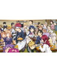 40x20 inches anime desk pad of a bustling dining hall feast with chefs, classmates, ramen, and curry.