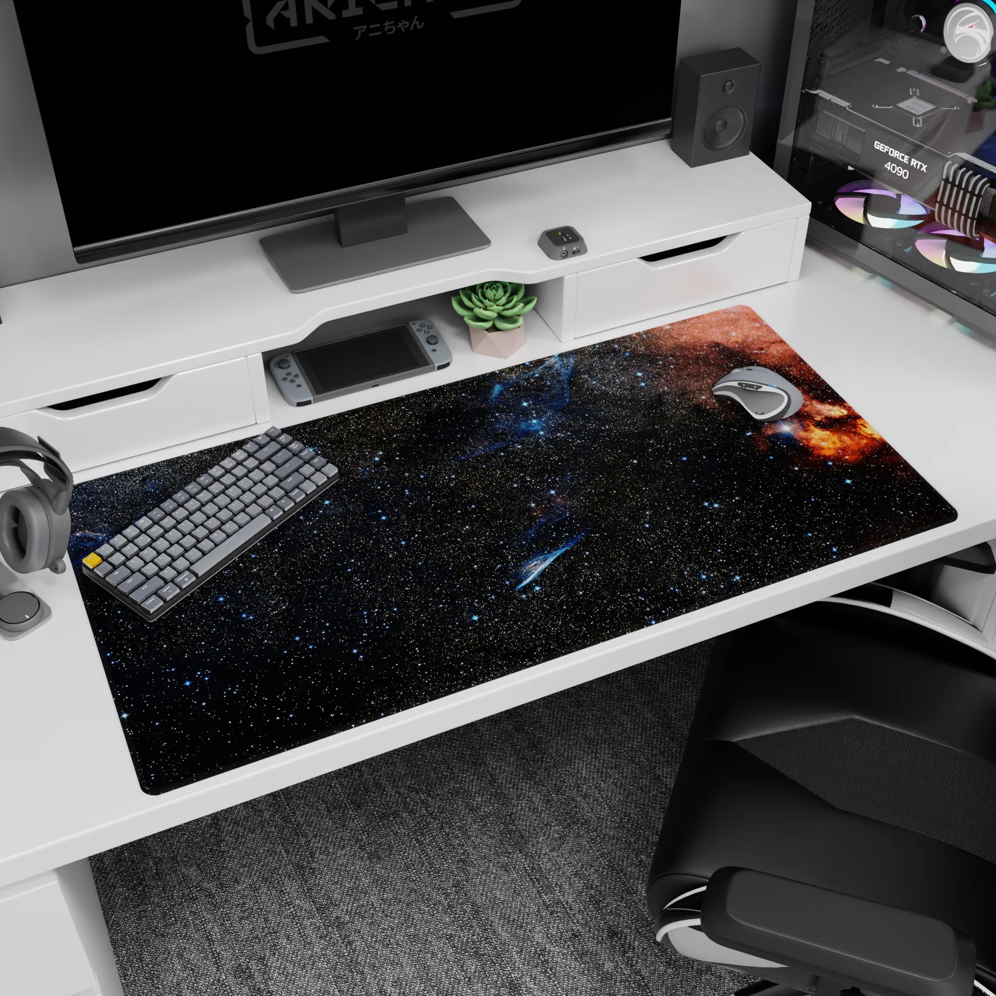 Starfield scene desk pad 40x20 inches featuring a tiny-universe look with blue glints and swirling nebula.