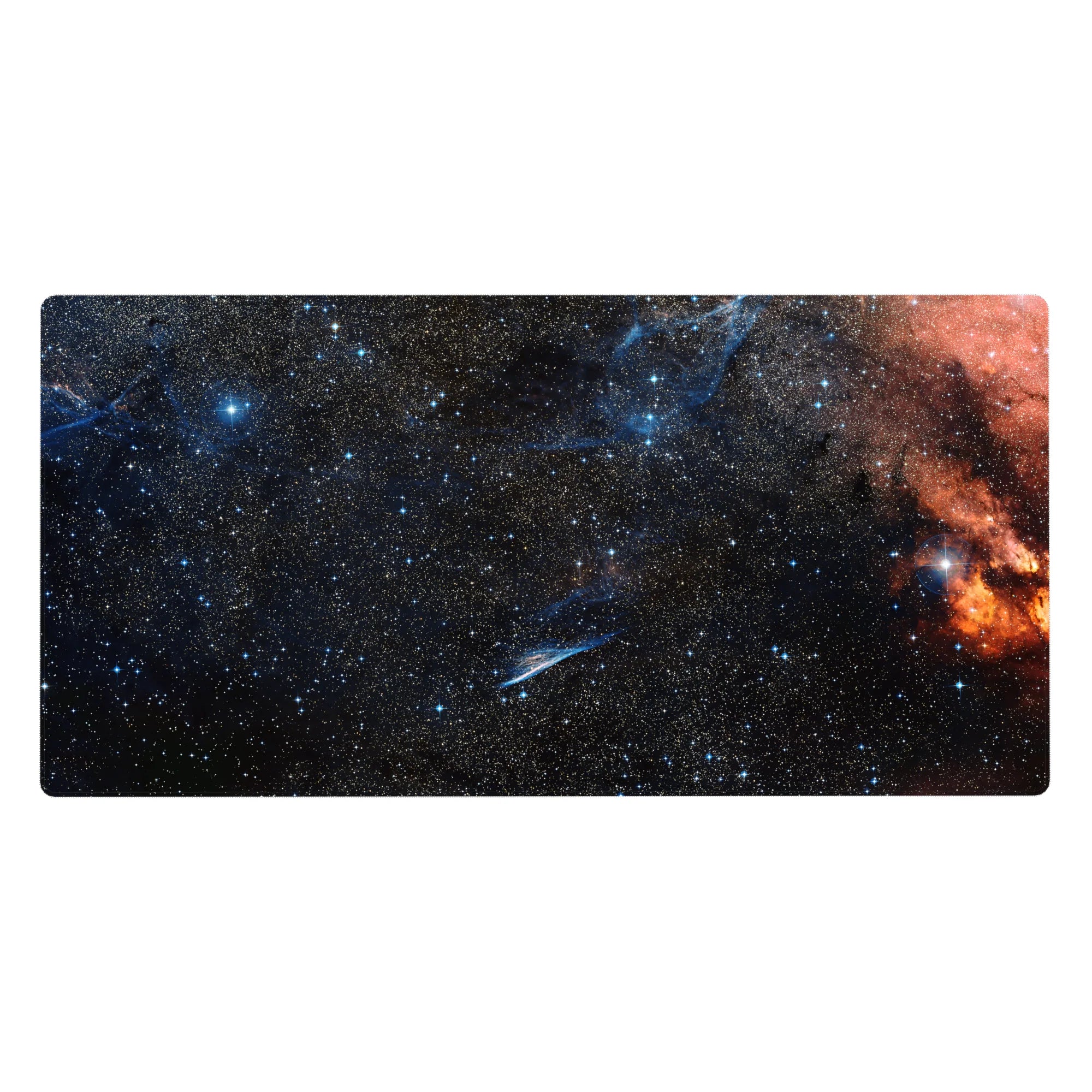 Galaxy nebula desk pad 40x20 inches with star-speckled space, smoky swirls, and blue glints.