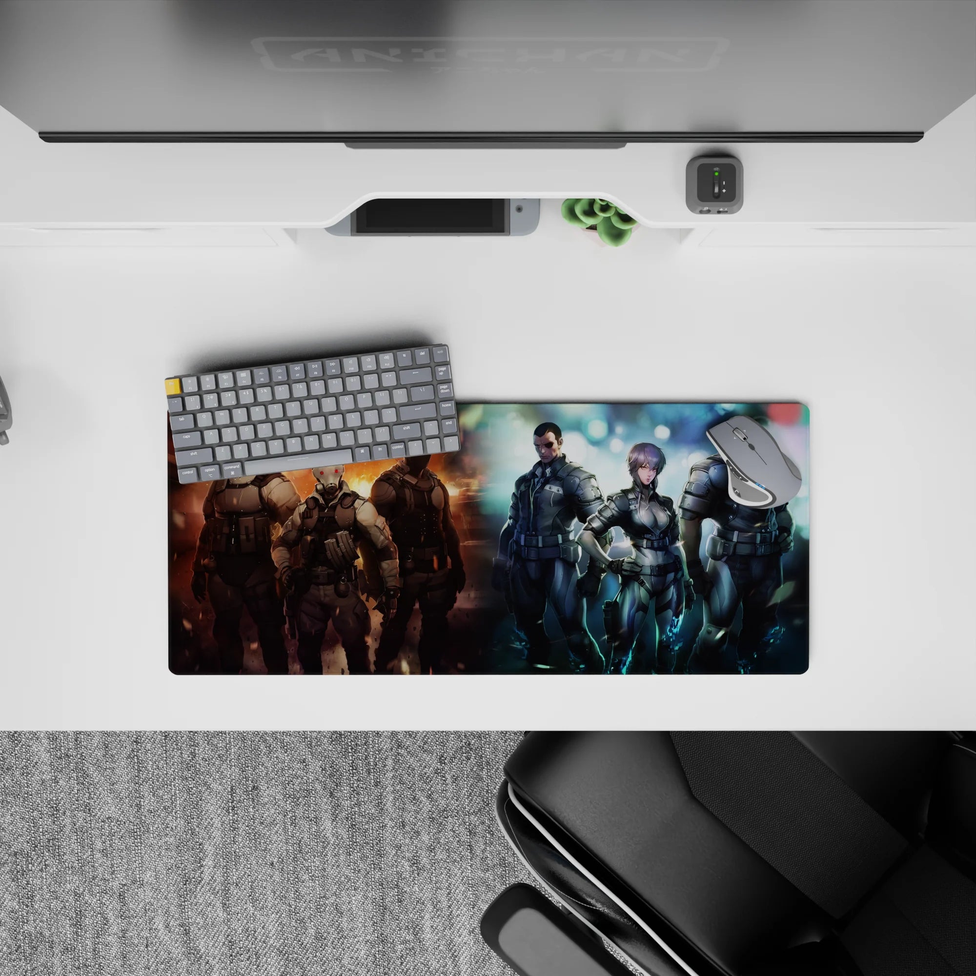 28x12 inches anime mouse pad in orange fire vs icy blue glow, gritty tactical mood with smoke and contrast.