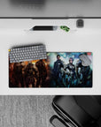 28x12 inches anime mouse pad in orange fire vs icy blue glow, gritty tactical mood with smoke and contrast.