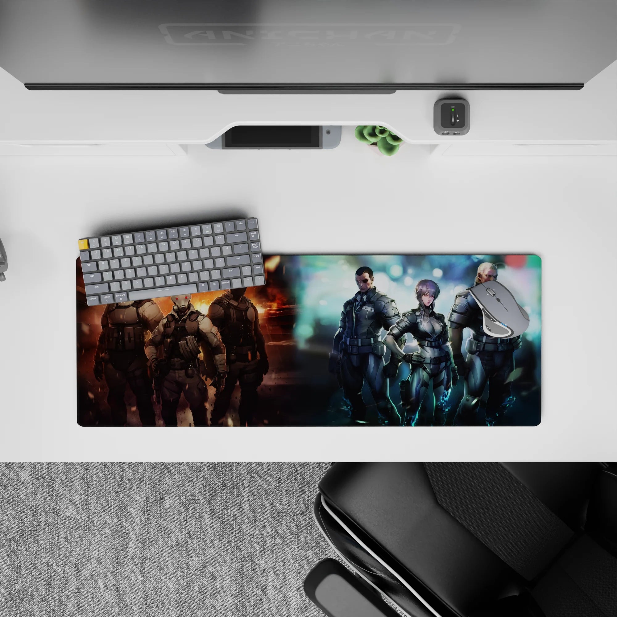 Gritty sci-fi anime mouse pad 32x12 inches with orange sparks, smoke, and neon blue edge lighting.