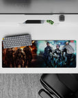 Gritty sci-fi anime mouse pad 32x12 inches with orange sparks, smoke, and neon blue edge lighting.