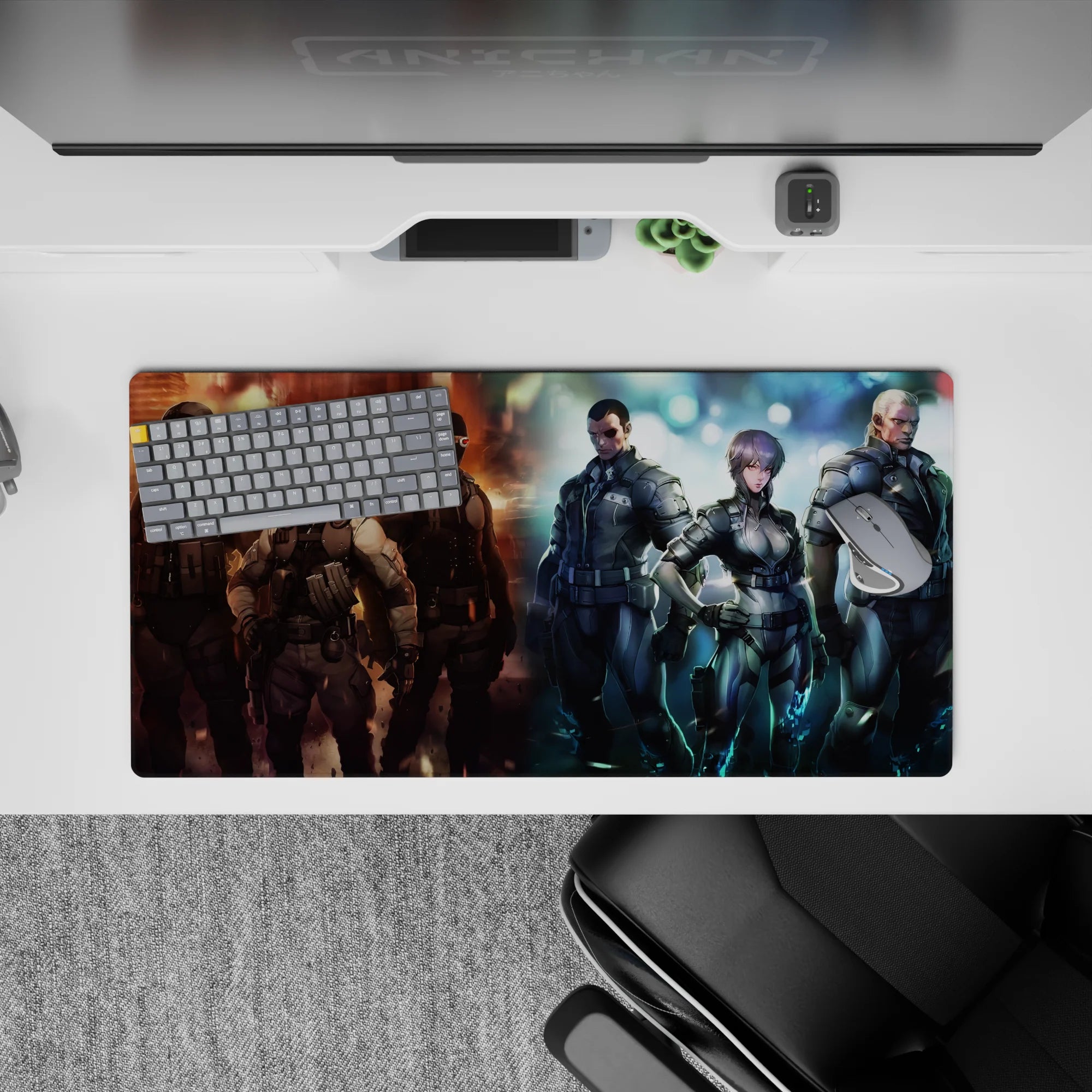 32x16 inches anime mouse pad in fiery orange and icy blue lighting, gritty neon sci-fi atmosphere.