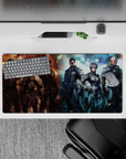 32x16 inches anime mouse pad in fiery orange and icy blue lighting, gritty neon sci-fi atmosphere.