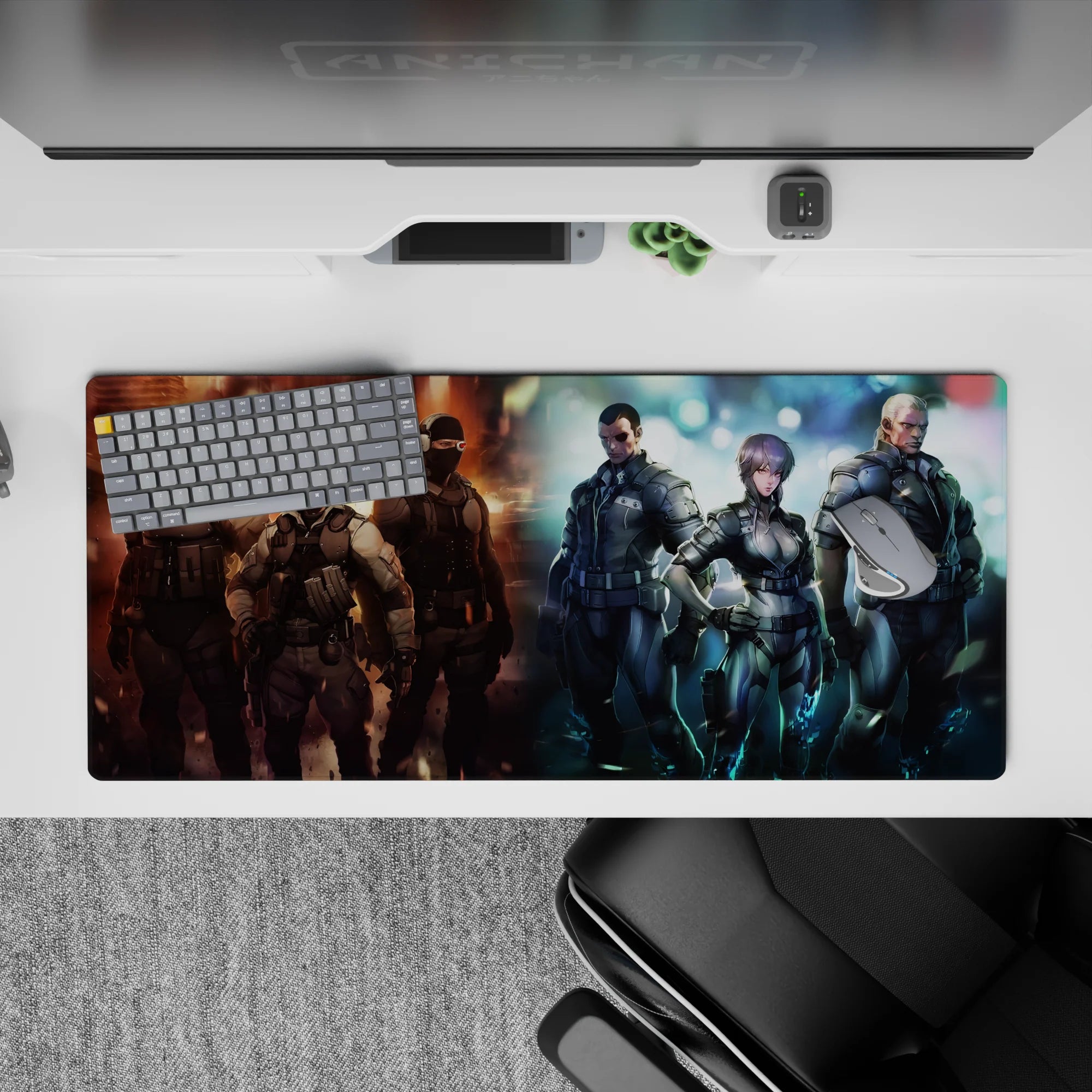 Gritty neon sci-fi anime desk pad 36x16 inches in orange fire and icy blue glow with sharp contrast.