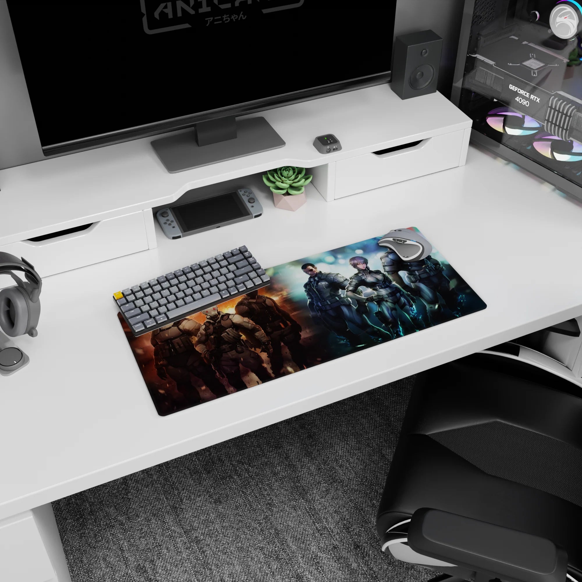 28x12 inches anime mouse pad featuring a short-haired commander centered among armored operatives in battle light.