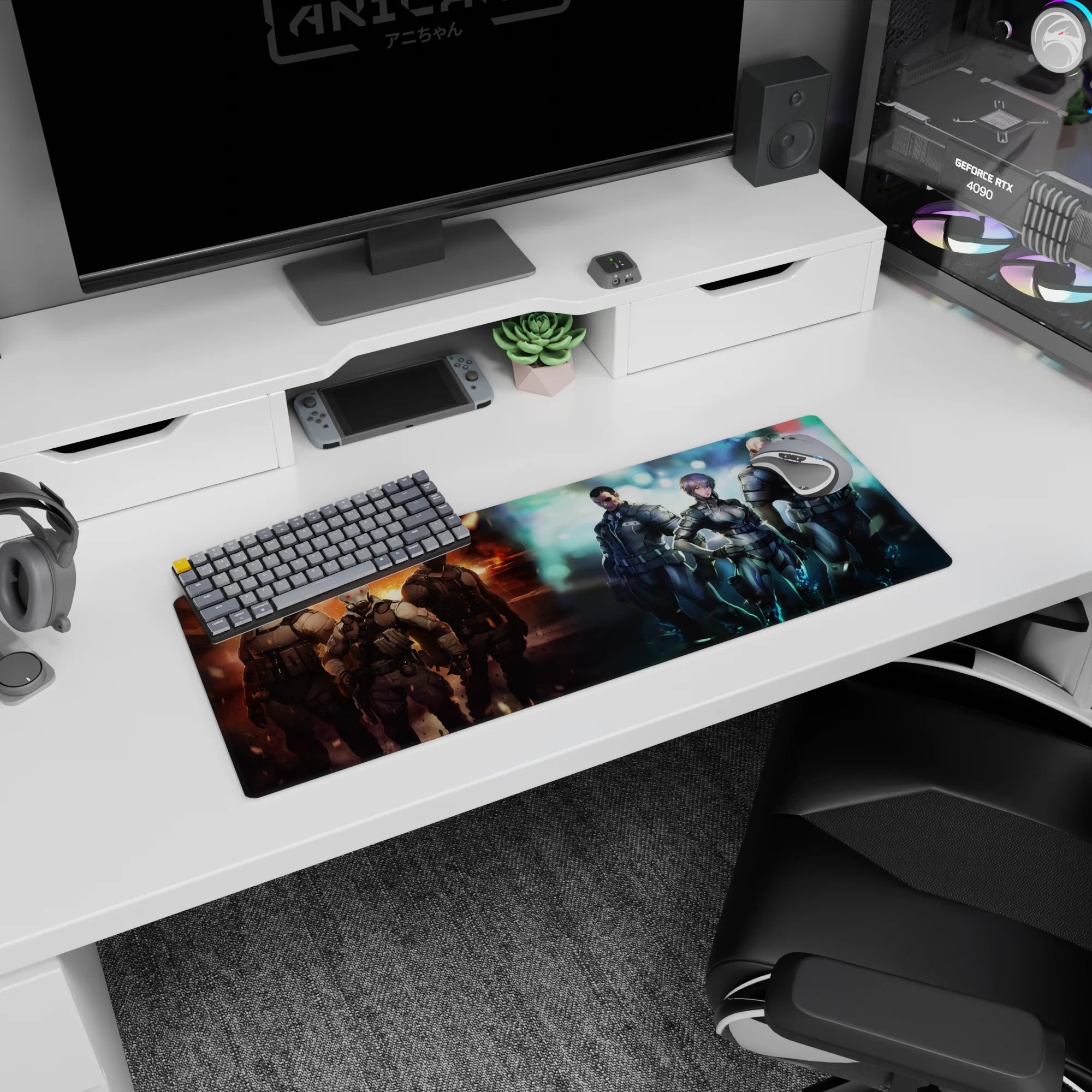 Short-haired commander leads masked operatives on 32x12 inches anime mouse pad, half firelit, half blue.