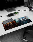 Short-haired commander leads masked operatives on 32x12 inches anime mouse pad, half firelit, half blue.