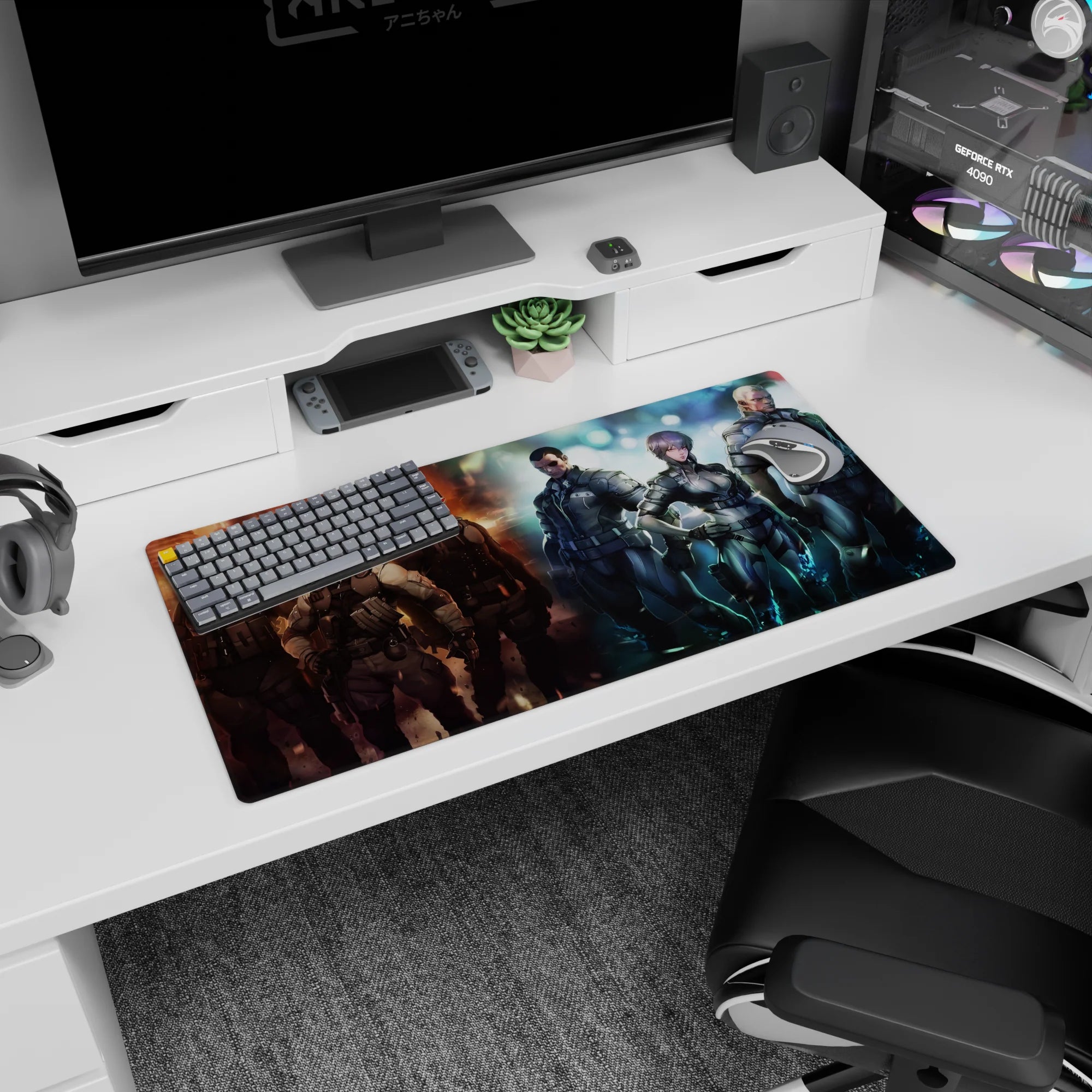 32x16 inches anime mouse pad featuring short-haired commander centered among masked armored operatives.