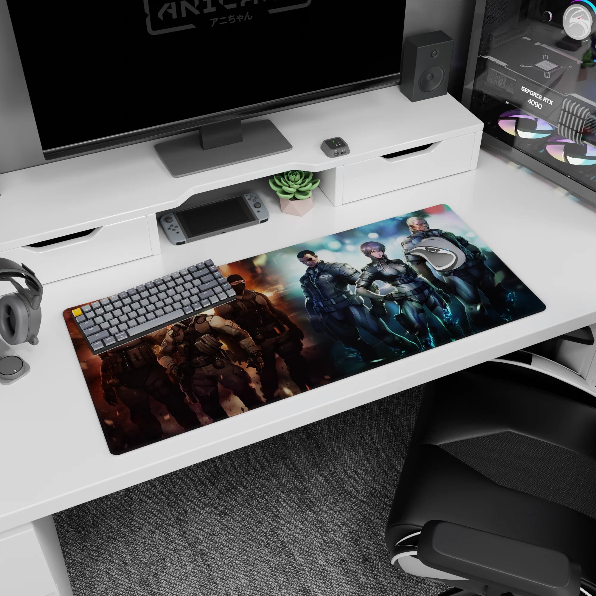 Short-haired commander leads armored team on anime desk pad 36x16 inches, shoulder to shoulder in combat.
