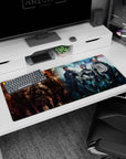 Short-haired commander leads armored team on anime desk pad 36x16 inches, shoulder to shoulder in combat.