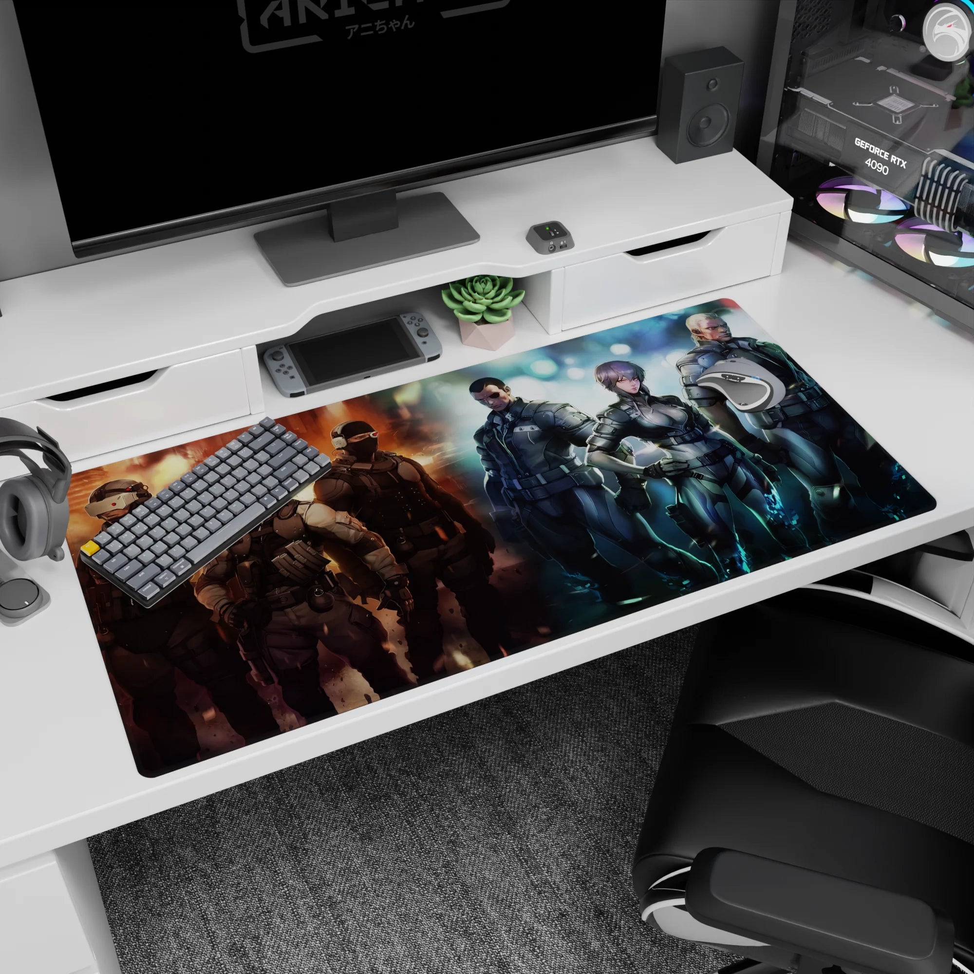 Anime desk pad 40x20 inches featuring a short-haired commander leading masked armored operatives in formation.