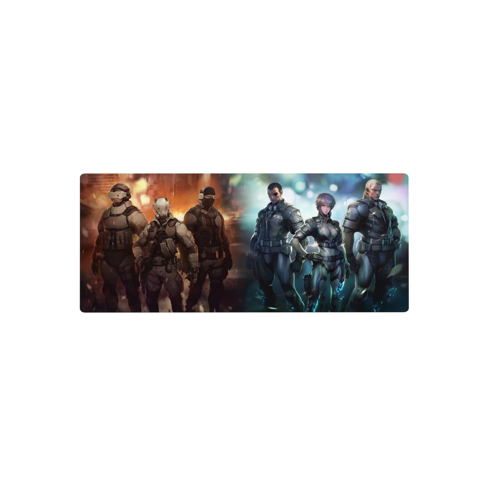 28x12 inches anime mouse pad with armored sci-fi squad, masks, visors, sparks and neon edge lighting.