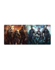 28x12 inches anime mouse pad with armored sci-fi squad, masks, visors, sparks and neon edge lighting.