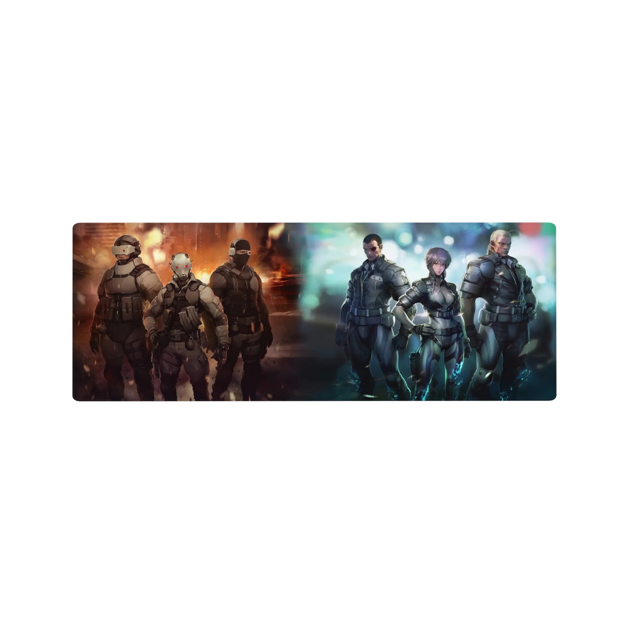 Armored anime squad in gray tactical suits on 32x12 inches mouse pad with fire and icy blue glow.
