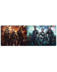 Armored anime squad in gray tactical suits on 32x12 inches mouse pad with fire and icy blue glow.