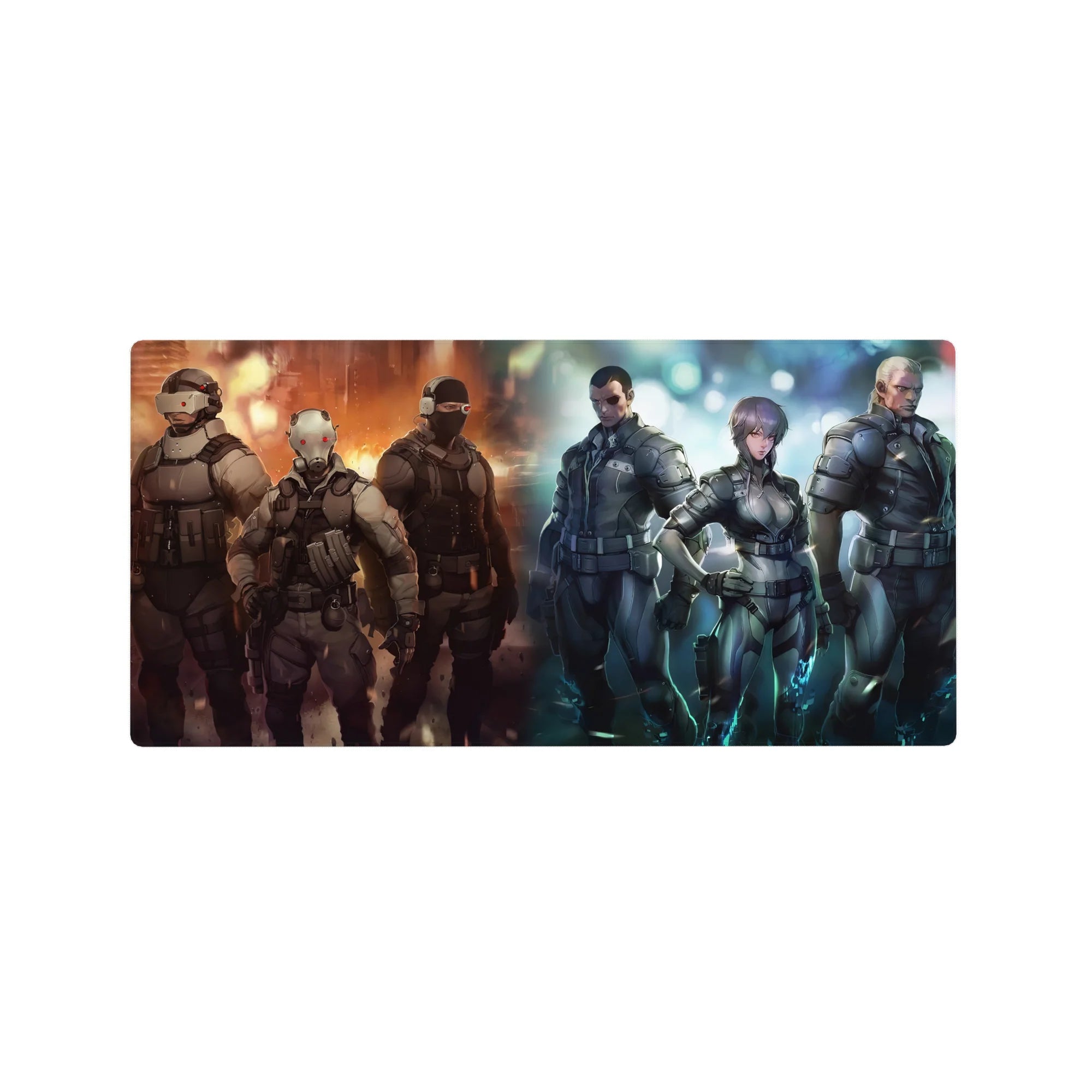 32x16 inches anime mouse pad with armored sci-fi squad, gray tactical suits, masks, sparks and smoke.